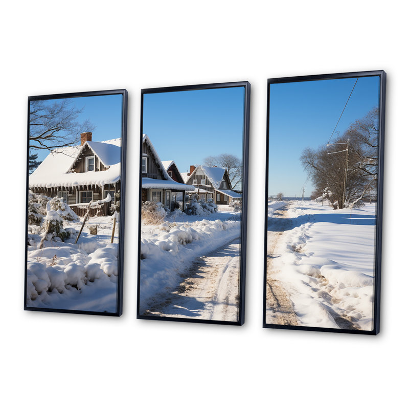 «Snowy Country Road I - Winter Mountains», art mural, Cadre flottant noir, H 28 po x l 36 po x P 1 po