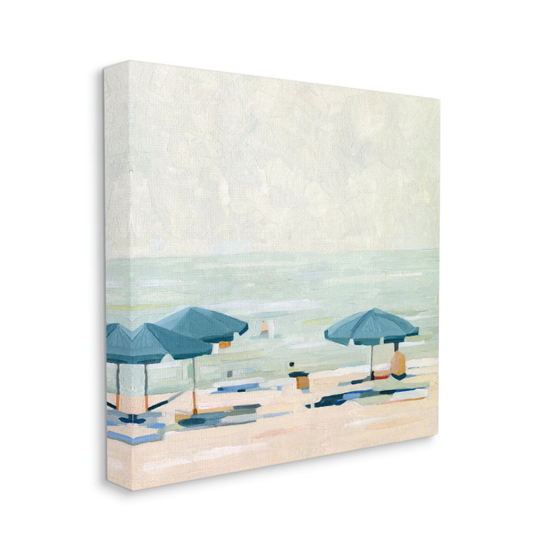 Au-415-Toile, parapluies de plage abstraits sur la plage, par Emma Scarvey, peinture, H 17 po x l 17 po x P 1,5 po