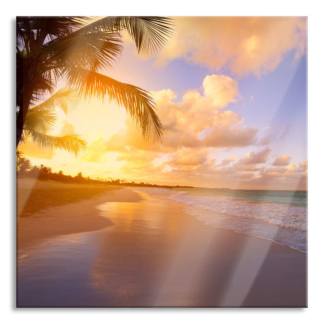 Glasbild Quadratisch  Wandbild Auf Echtglas  Strand Bei Sonnenuntergang  Aufhängung Und Abstandshalter LQ1355