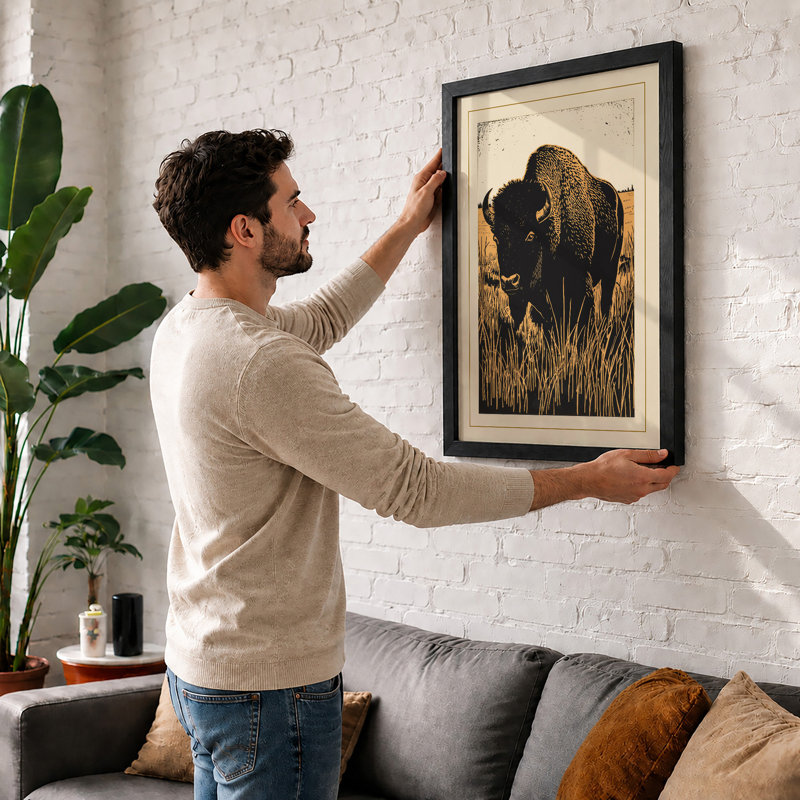 Bison Profile Rustic - Framed Print, A2 - 59.4 x 42.0 cm, Walnut