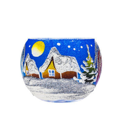 Porte-bougie en verre peint à la main 74,25 / 40 / BW 2,25 pouces, motif bleu d'hiver, bleu