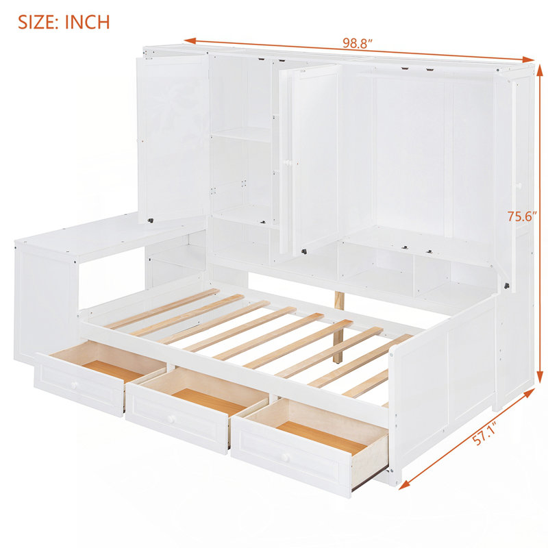 Lit de jour polyvalent en bois avec rangement intégré et poste de travail, Lit simple, Blanc