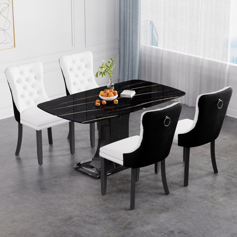 Vasia Pedestal Dining Set, Black, 5, Black