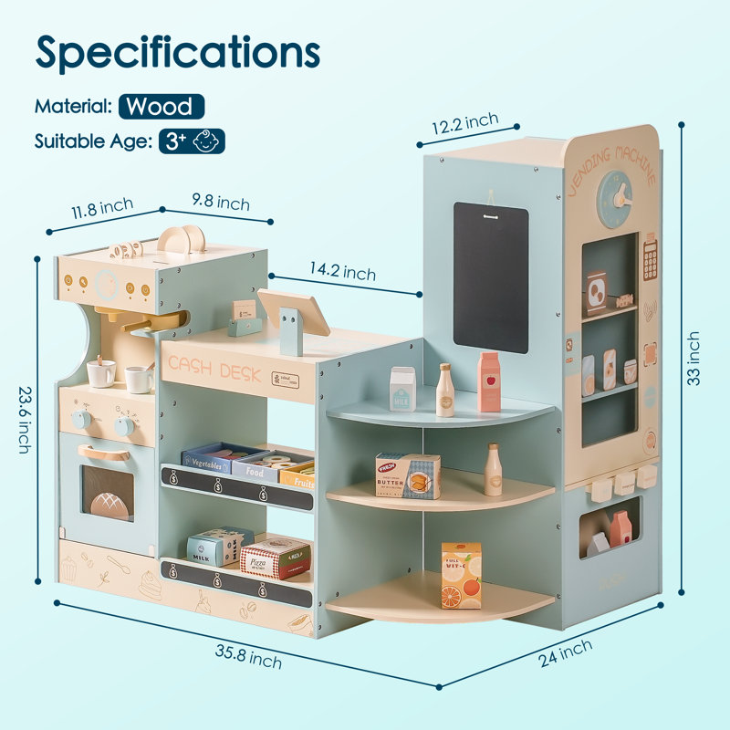 Wooden Pretend Market Self-Checkout Station Playset, Preschool Kitchen Set, Coffee Maker