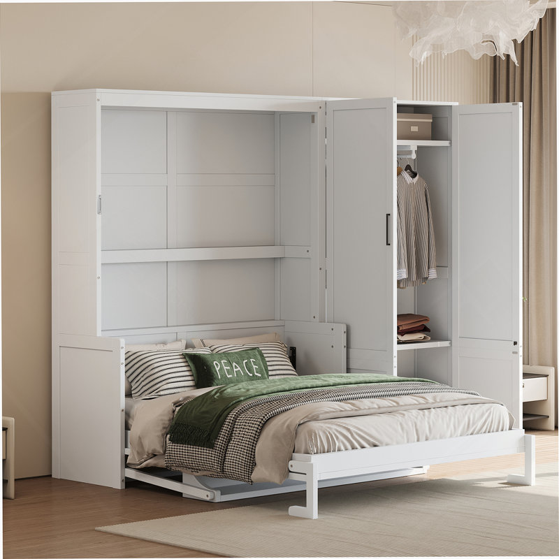 Grand lit escamotable mural avec placard, blanc, Blanc