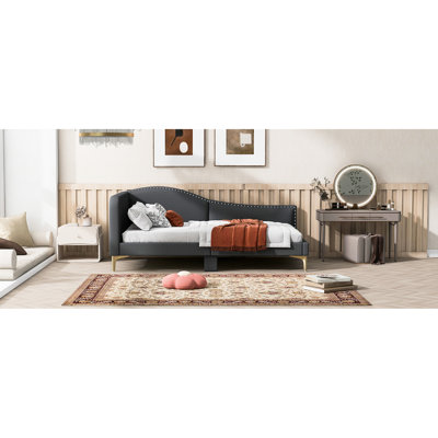 Lit de jour simple avec tête de lit en lin et accoudoirs gris - cadre, revêtement décoratif élégant et élégant