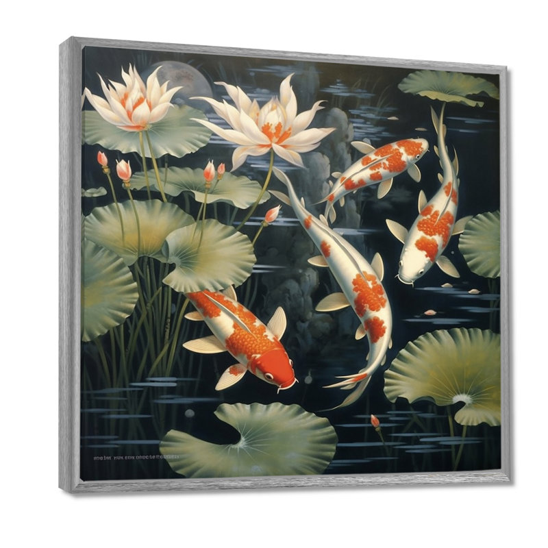 Lotus et poisson Koi représentant la pureté - décoration murale Lotus, H 16 po x l 16 po x P 1 po, Cadre argenté flottant