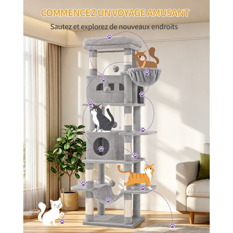 Cat Tree for Indoor Cats, Large Tall Cat Tower, Multi-Level Cats House with Condo, 8 Scratching Posts, Hammock, 4 Pom Poms