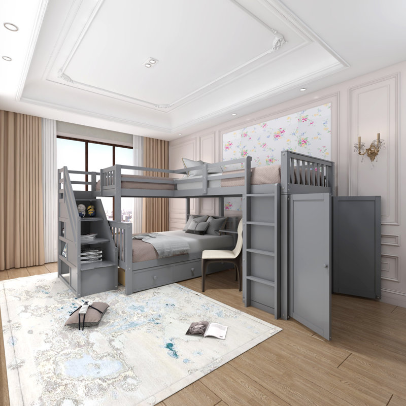 Lit superposé simple au dessus d'un lit double avec tiroirs Kids, Gris