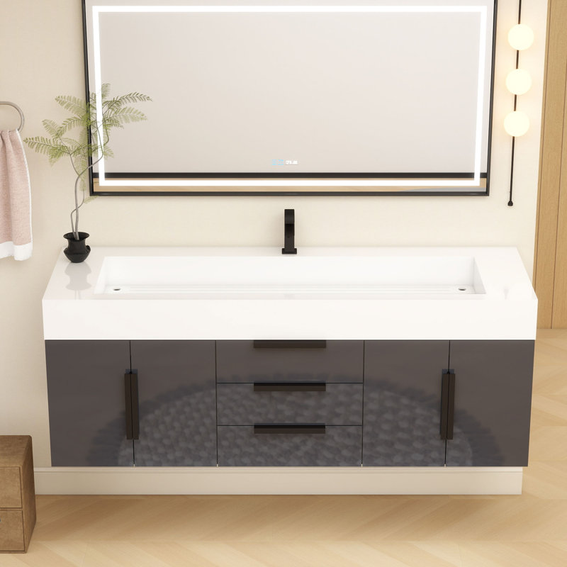 Meuble-lavabo mural simple 60 po Jessica, Gris brillant