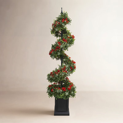 4' Pre-Lit Artificial Potted Swirl Tree Adorned with Red Berries