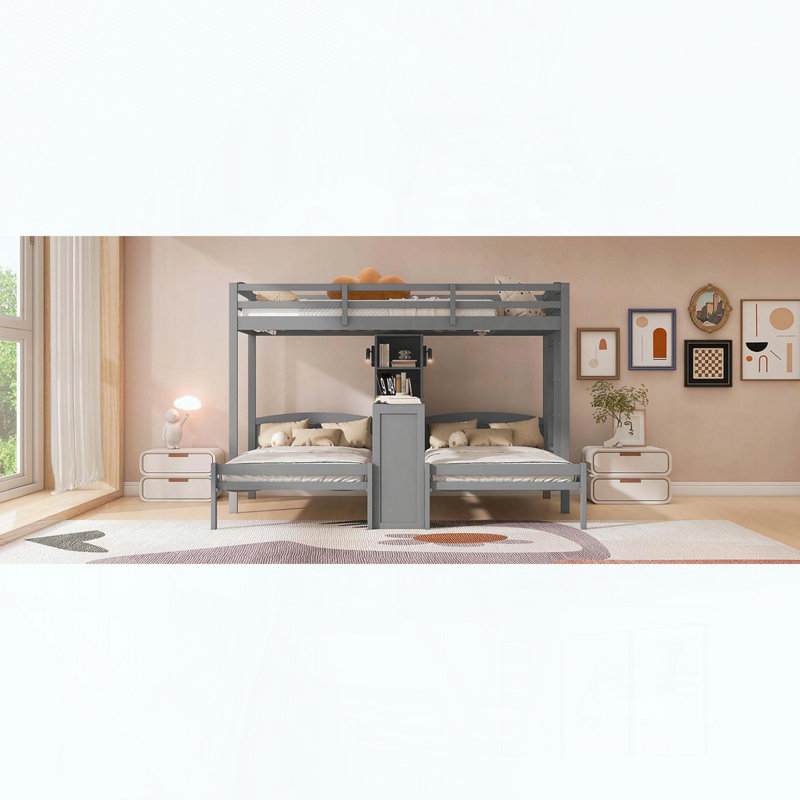 Lit superposé avec bureau intégré, tablettes de rangement et lampe de lecture, 3 lits en 1 pour économiser de l'espace et la multifonctionnalité