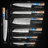 Senken Knives 7-Piece Damascus Steel Japanese Knife Set - Tsunami Collection - Blue Resin Burl Wood Handles