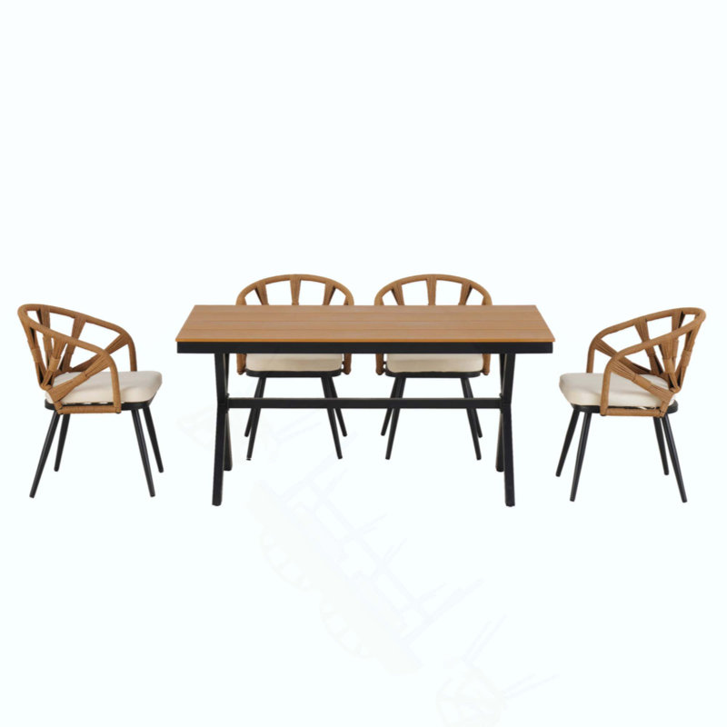 Ensemble contemporain d'extérieur avec chaises en rotin PE et table en bois plastique, convient aux jardins et aux pelouses