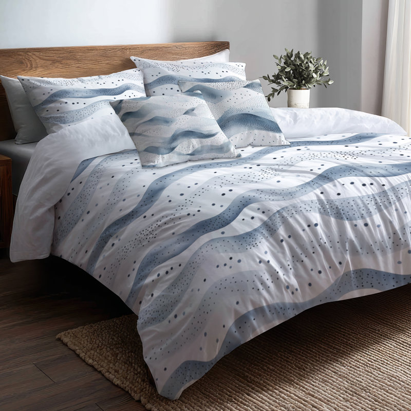 Dotted Wave Silver Blue Bedding, Queen Comforter + 5 Additional Pieces