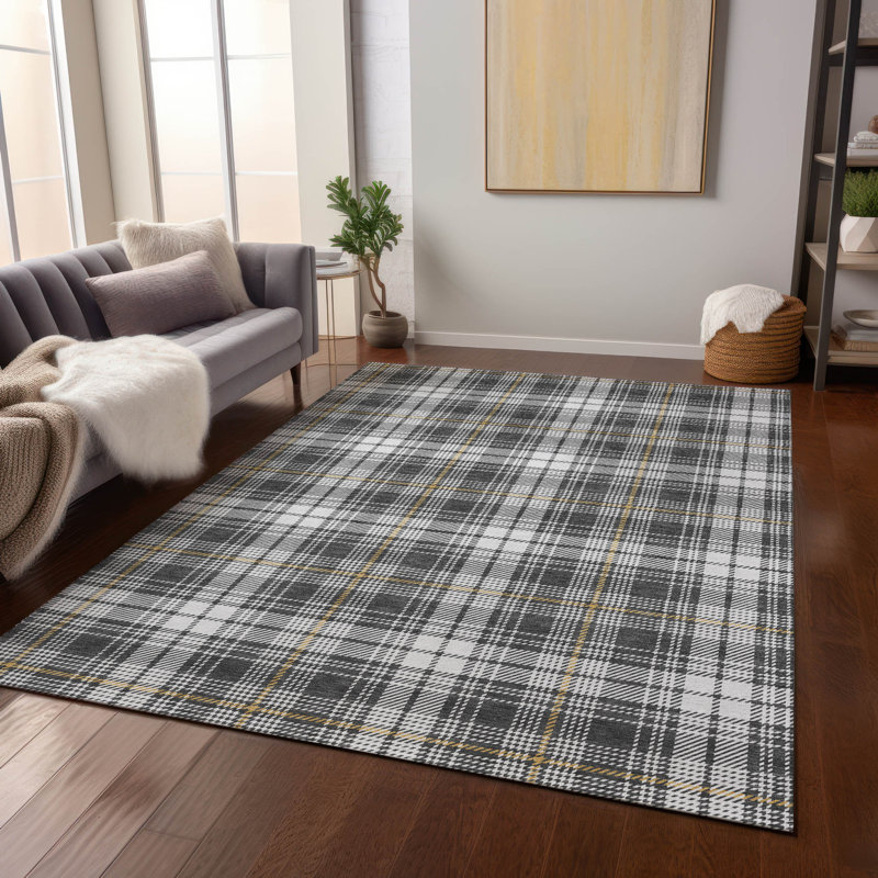 Charcoal Plaid Machine Washable Synthetic Indoor/Outdoor Rug