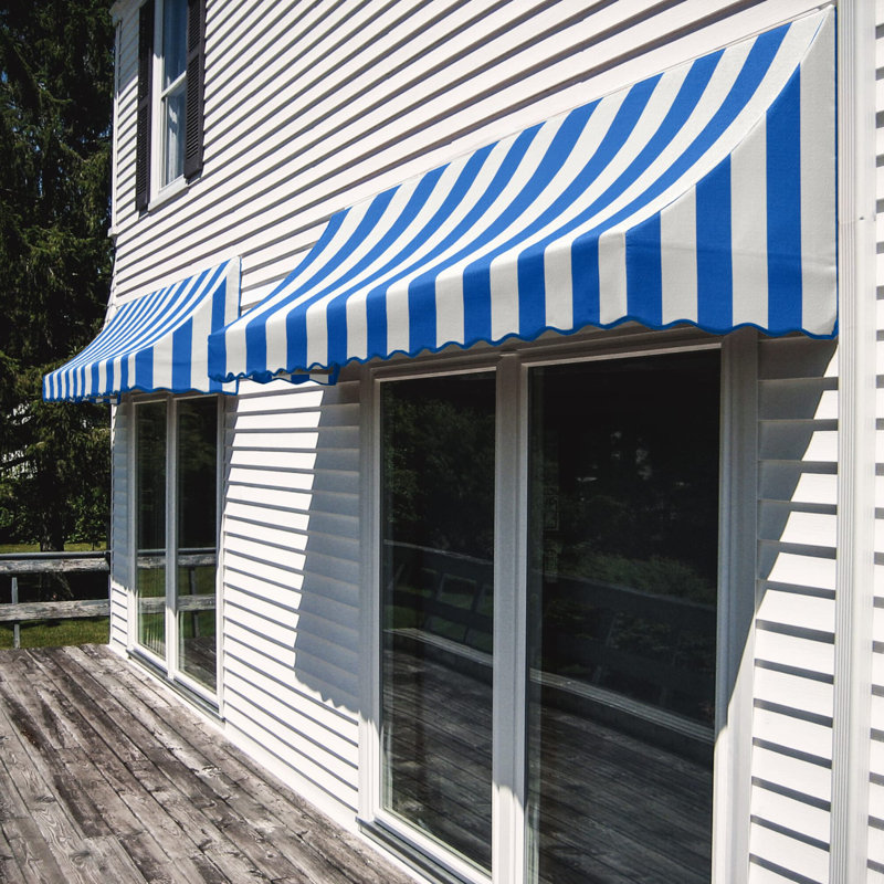 Awntech Nantucket Acrylic Fabric Fixed Awning, 44" H x 64.5" W x 36" D, Bright Blue/White Stripe