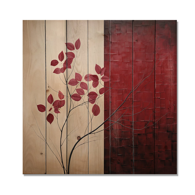 «Bordeaux Bold Leaf I - Leaves Wood», art mural sur bois de pin naturel, H 36 po x l 36 po