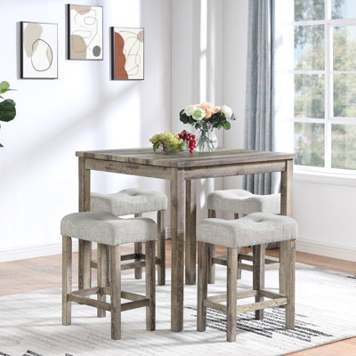 5 Piece Industrial Breakfast Dining Table With Bar And Chairs For Living Room, Game Room - Exquisite Wood Grain Surface, Space Saving, Ergonomic Stools, Easy To Assemble Areas Grain, Comfortable
