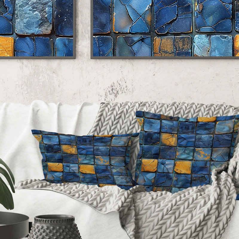 Coussin Blue Midcentury Mosaic Tiles - Midcentury, H 16 po x l 16 po