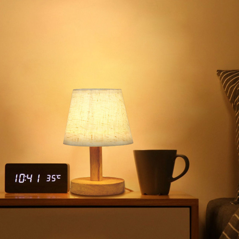 Lampe de table veilleuse pour la chambre à coucher à 3 lumières à intensité variable avec abat-jour rond en lin pour salon, bureau, dortoir, bois massif, ampoule DEL incluse