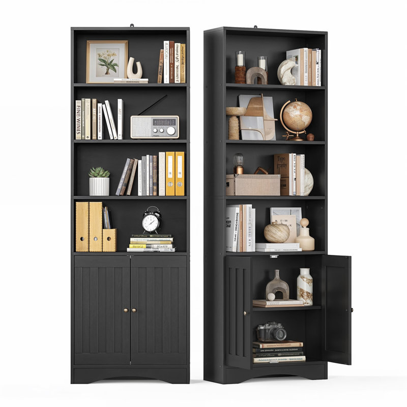 70.8"H Mid-Century Modern Bookcase – Solid Wood with 4 Shelves & 2 Doors, Black