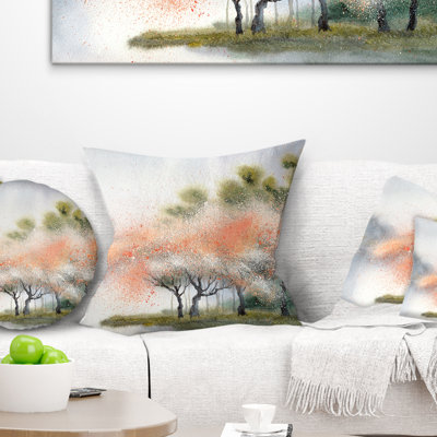 Arbres avec fleurs près de la rivière - coussin à imprimé paysage