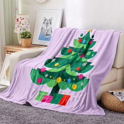Plaid en flanelle avec motif de sapin de Noël, étoiles dorées en spirale et guirlandes dorées. Ultra doux et chaud, ce jeté douillet et léger est idéal pour toutes les saisons. Dimensions : 76 x 102 cm.