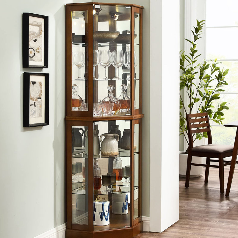 Vitrine à 6 tablettes avec lumières, miroir, réglable, matériau éclairé, tablettes réglables, présentoir, Noyer