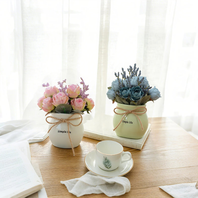 Bouquet de roses artificielles avec vase en céramique, arrangement de fleurs en soie artificielle pour mariage, pendaison de crémaillère et décoration intérieure