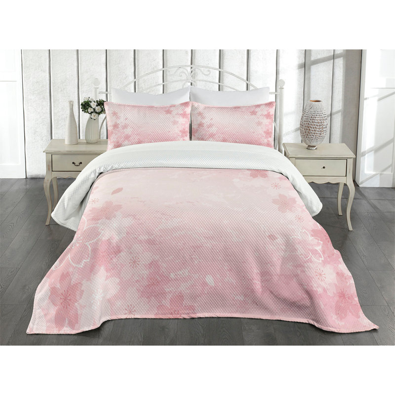 Ambesonne Pink Bedspread Cherry Blossom, King Bedspread + 2 Standard Shams