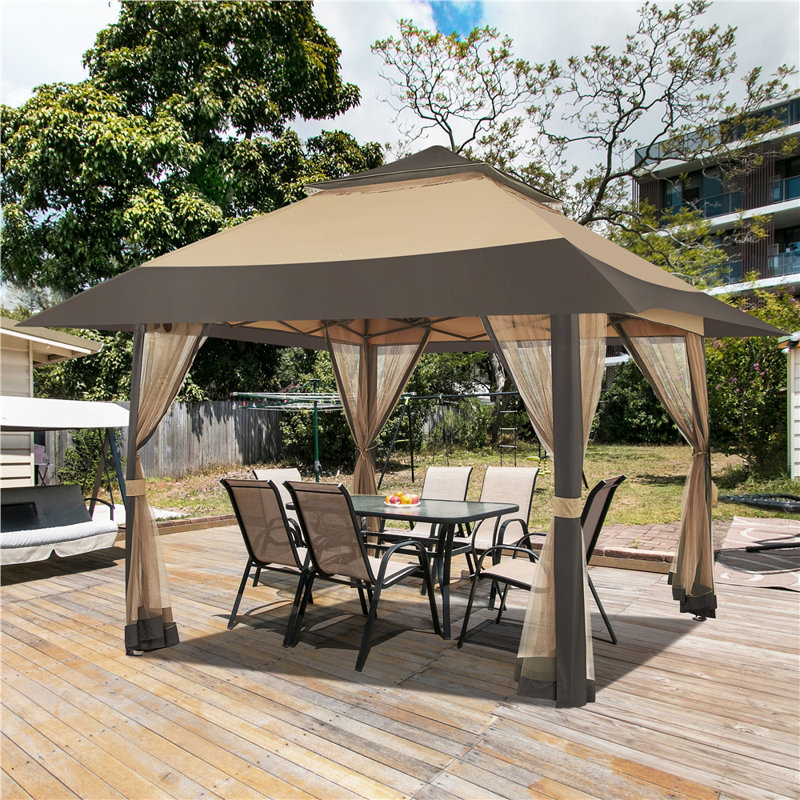 Metal Pop-Up Gazebo, 291cm H x 401.5cm W x 401.5cm D, Khaki/Brown