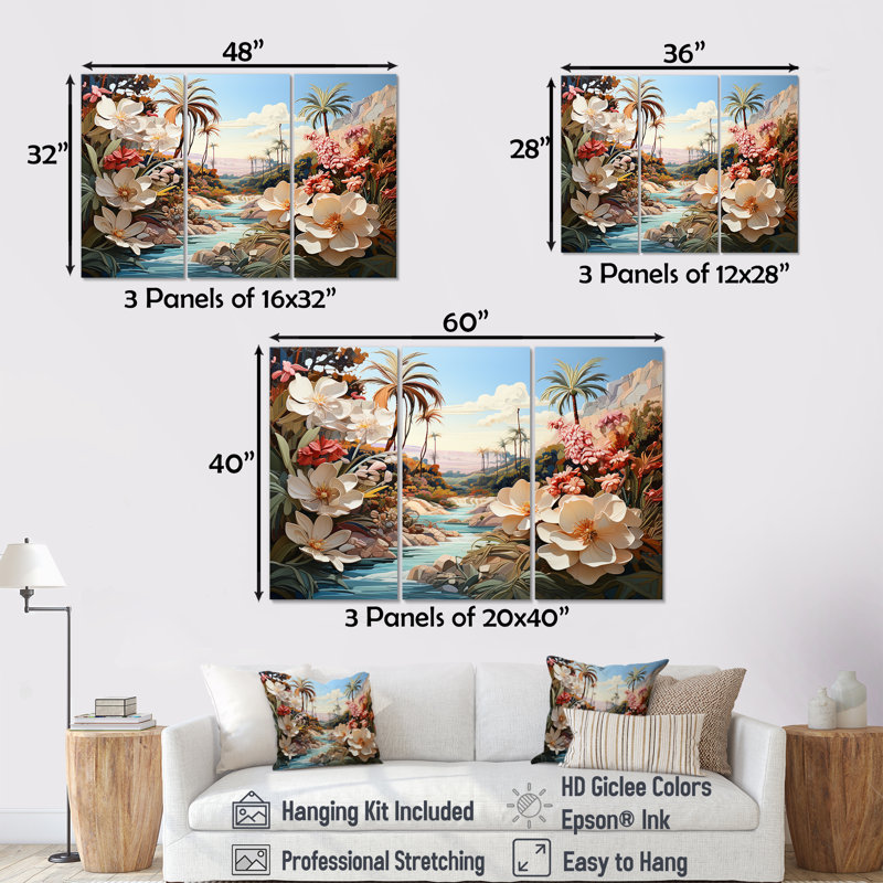 Ensemble de décoration murale Palm Trees Coastal Charm I - Fleurs, 28" H x 36" W x 1" D, Toile tendue