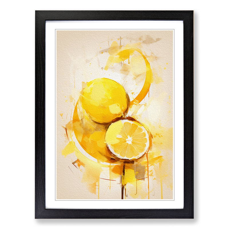 Lemon Fruit Gestural - Single Picture Frame Print on Wood, 64cm H x 46cm W x 2cm D, Black
