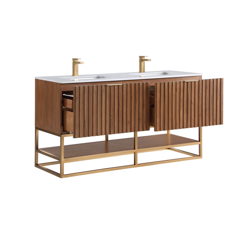 Terra 60'' W Double Vanity, White Quartz/Single Faucet Mount, Walnut, Satin Brass