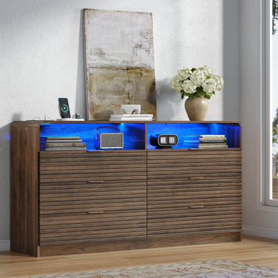 63'' Wide Fluted 9 Drawers Dresser With 3 Cubbies, Led Dressers & Chests Of Drawers With Power Outlet, Modern Fluted Dresser For Bedroom With Rounded Corners, Tv Stand With Open Shelf (walnut)