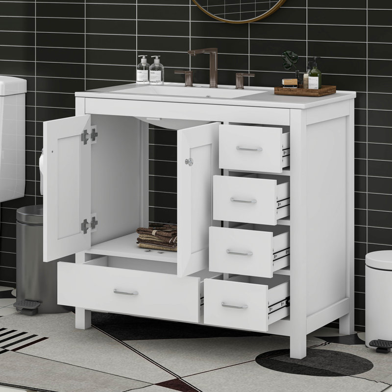 Ensemble de meuble-lavabo avec lavabo en céramique, armoire de rangement abondante, 2 portes à fermeture en douceur et 5 tiroirs