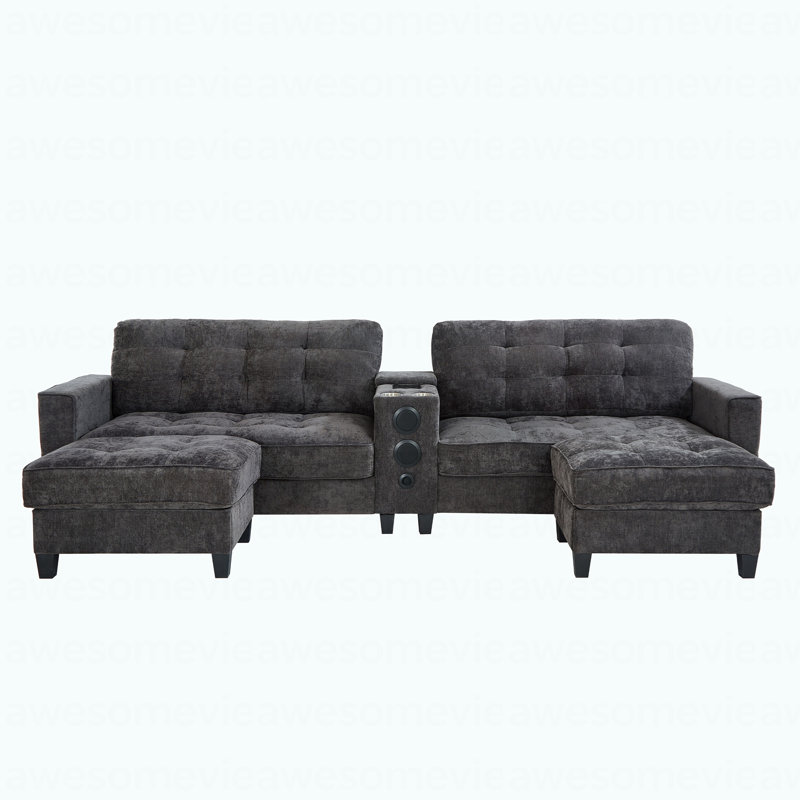 Modern Sectional Sofa 126" U-Shaped Sectional Sofa Modular Sectional Couch With Movable Storage Ottomans, Multifunctional Console, Bluetooth Speakers And LED Lights For Living Room, Grey