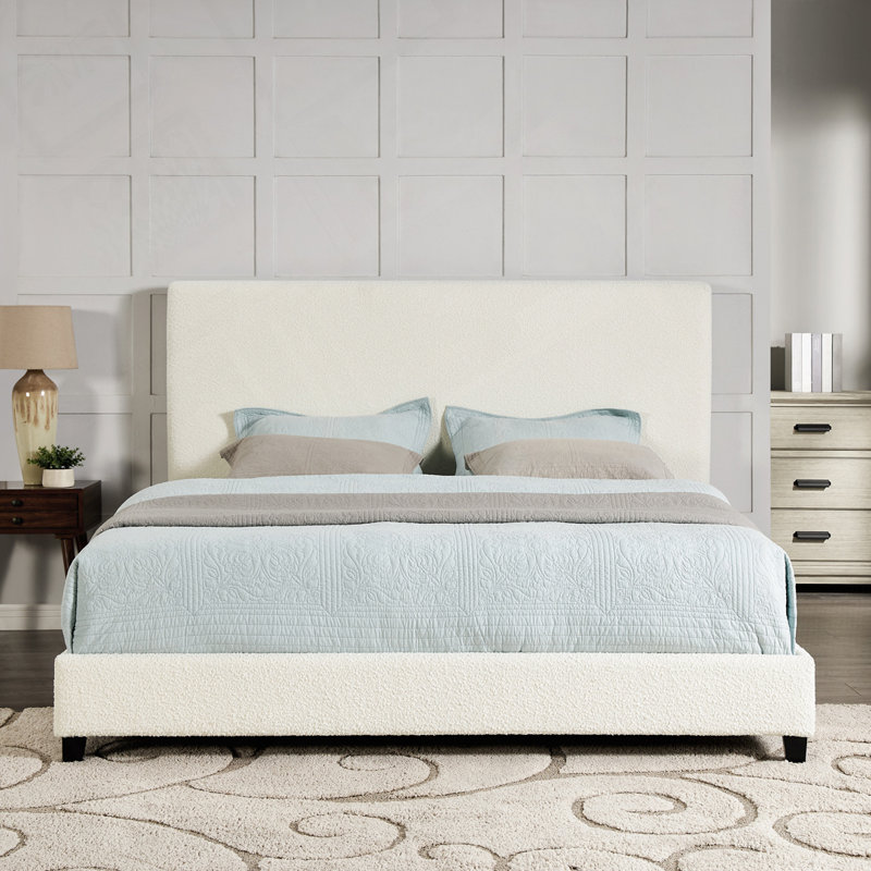 Ashiqu Squares Upholstered Platform Bed, King, White Boucle