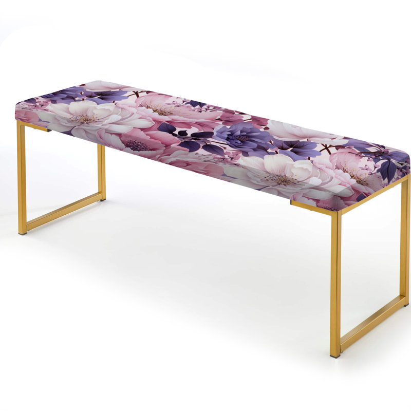 Banc floral rembourré or, Motif botanique printanier fleurs mauves III