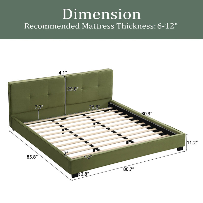 Structure de lit en velours, lit plateforme tapissier avec tête de lit capitonnée incurvée, coins carrés doux
