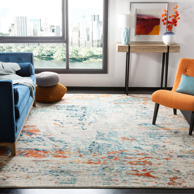 Felty Abstract Cream/Orange/Blue Rug, Rectangle 8' x 10'