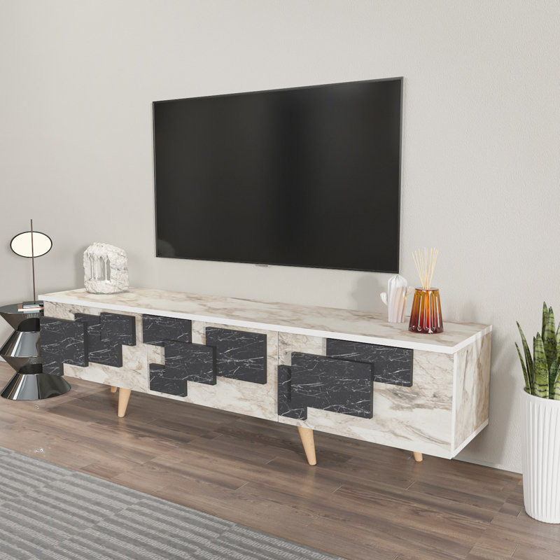 Meuble télé moderne, blanc et marbre, 63,0 po x 17,7 po x 17,7 po | 100% panneau de particules enduit de mélamine, épaisseur: 0,7 pouce | Design élégant et fonctionnel pour le salon et les espaces de divertissement