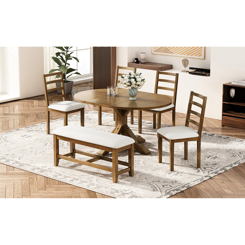 Ensemble de table de salle à manger extensible 6 pièces avec rallonge amovible, un banc et 4 chaises