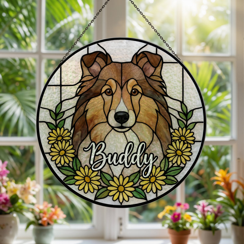 Panneau de vitrail 12 "H Dog Flowers, H 12 po x l 12 po