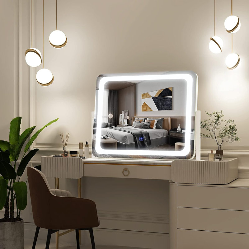 Miroir de salle de bain avec lumières 22 X 19 pouces, miroir de maquillage à écran tactile avec éclairage 3 couleurs, miroir de salle de bain à DEL à intensité variable pour le maquillage et le toilettage