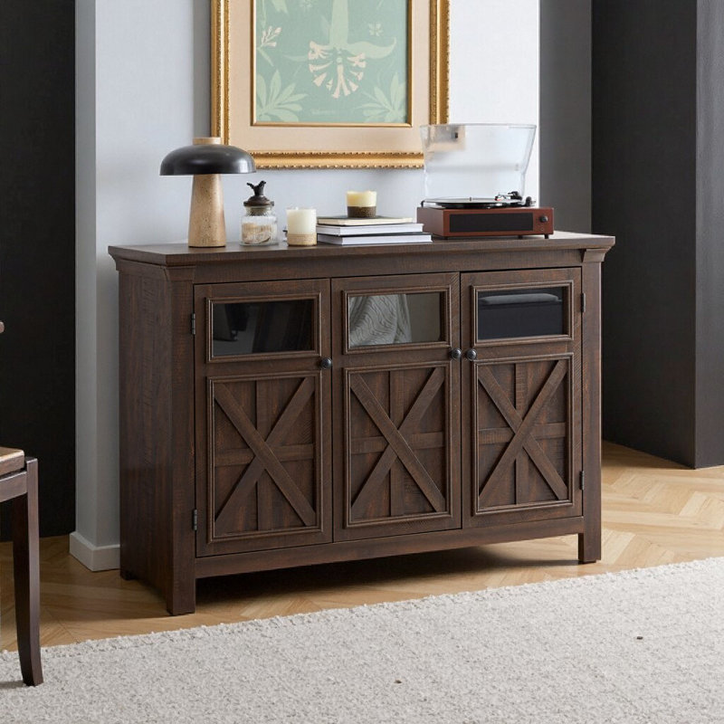 Buffet 3 portes Farmhouse avec portes en verre, finition espresso - meuble télé rustique, bar à vin et buffet de rangement pour la salle à manger