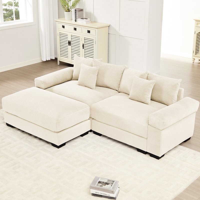 Canapé modulaire surdimensionné en L 82,6 po avec revêtement en velours côtelé, assise profonde, conception ergonomique large, 6 coussins décoratifs, disposition rapide pour le salon modulaire en velours côtelé doux, sièges,