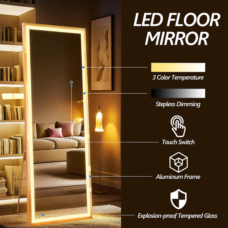 75x28 Inch Full Length Mirror with Lights, Full Body Dressing Standing, Hanging Mounted Mirror for Living Room Bedroom Cloakroom, Square White
