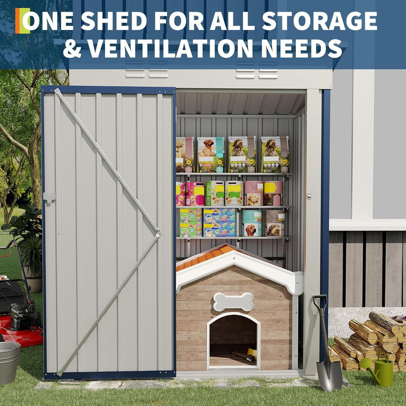 5x3FT Multi‑Use Outdoor Storage Shed, Lockable Galvanized Steel Shed with Sloping Roof for Backyard, Patio, Blue